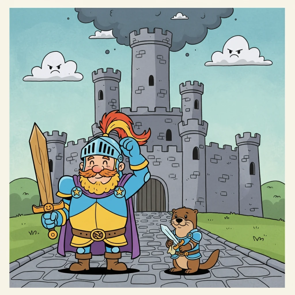 Sir Reginald, a knight known for his terrible puns, adjusted his helmet. Beside him, his otter sidekick, Pip, polished his tiny sword. They stood before a looming castle, the home of the Grumpy Giles Deleuze, plotting their next move.