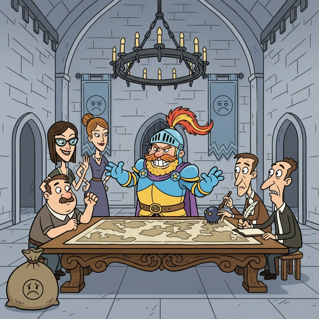 Inside the castle, Giles Deleuze, a man who hadn't smiled in decades, scowled. He was surrounded by his lackeys: Vanessa, Tom, Pete, Dave, and Eugenio. He plotted to steal all the joy in the kingdom.