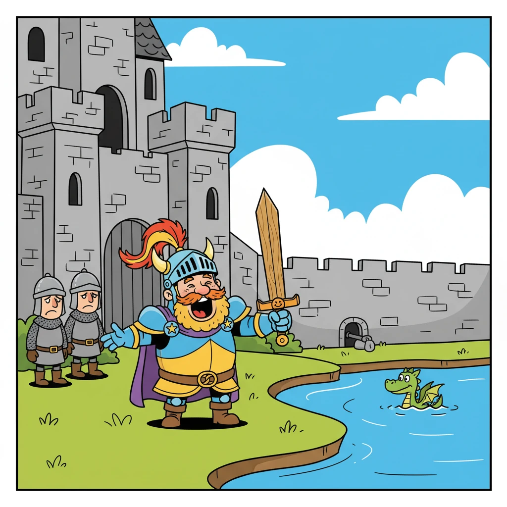 Reginald, standing outside the castle, shouted his joke, which was met with groans from the guards. This was the distraction he needed. Pip, meanwhile, swam through the moat.