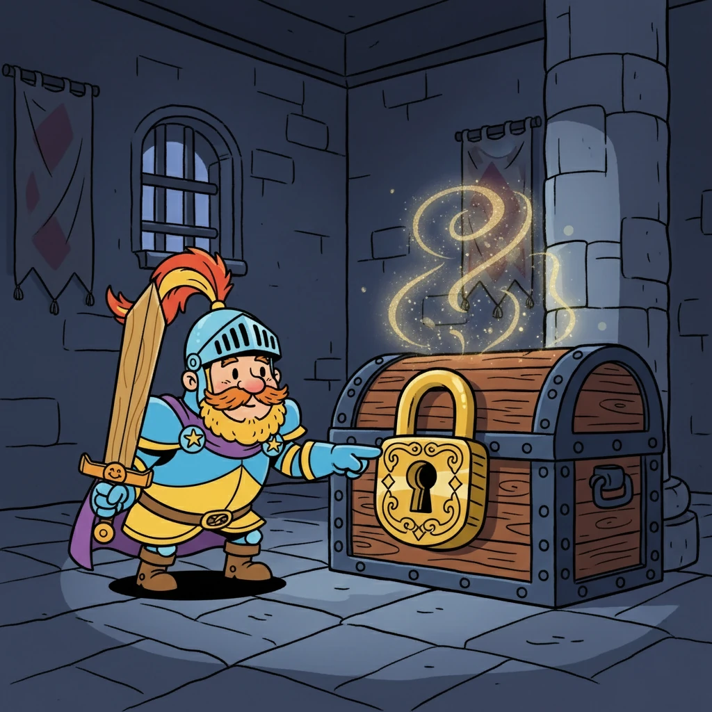 Pip infiltrated the castle, finding the room where Deleuze kept the Kingdom's laughter. He saw a locked chest. The chest's lock was the key to stealing the kingdom's laughter.