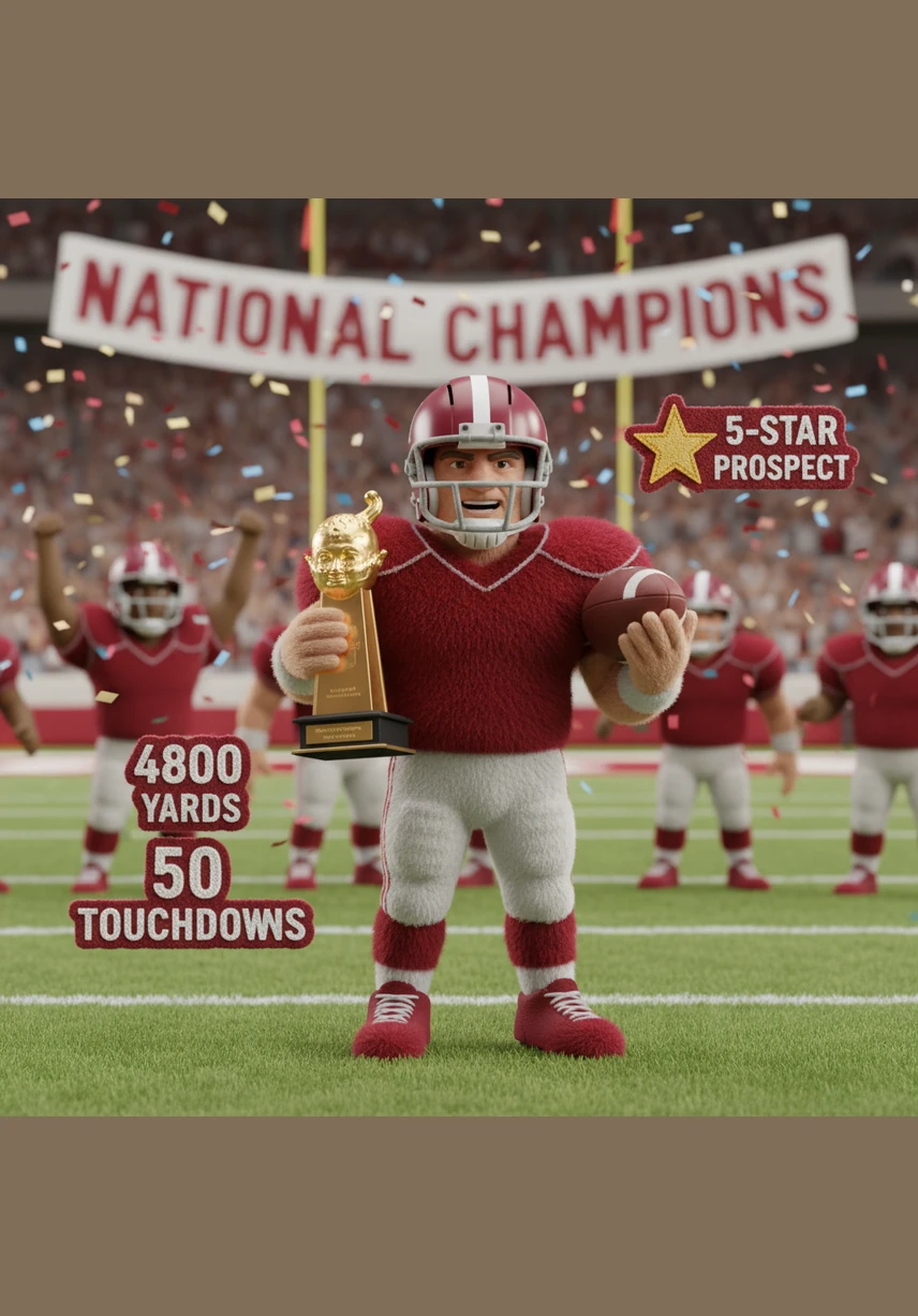 In his final college season, Jaxson wins the Heisman Trophy and leads the Alabama Crimson Tide to a National Championship victory. His staggering stats of 4,800 yards and 50 touchdowns make him the undisputed top prospect for the upcoming NFL Draft, fulfilling his dream of becoming a 5-star talent.