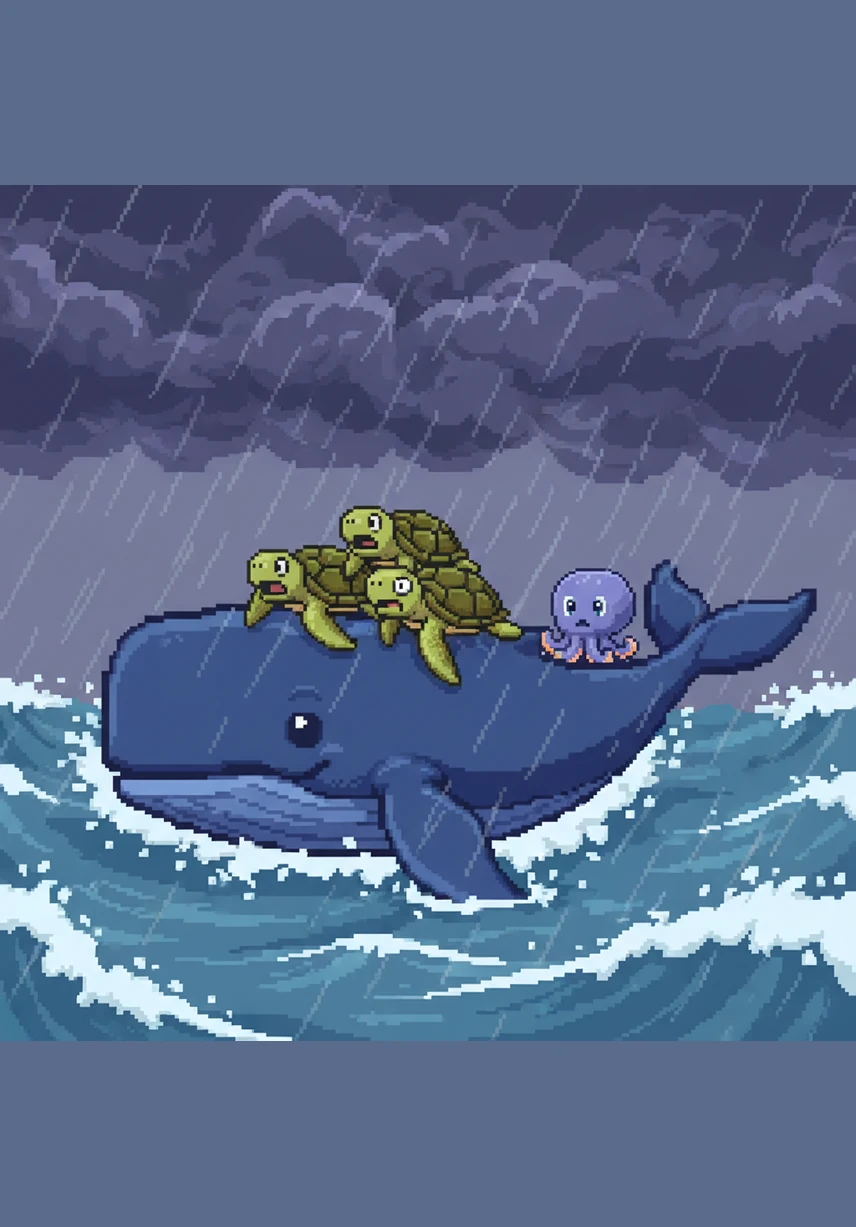 High above, a sudden storm began to churn the waves into a frothy grey foam. Barnaby rose to the surface and used his wide back to create a calm harbor for a group of frightened sea turtles struggling against the wind.