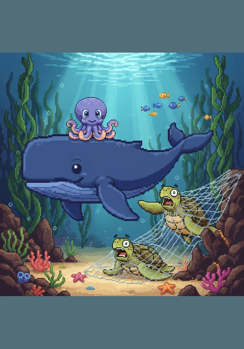 Near a forest of swaying kelp, he met a wise old octopus perched on a smooth stone. The octopus peered at Barnaby with kind eyes and whispered that a giant’s strength is best used to protect the small and the weary.