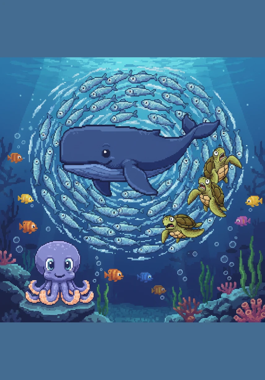 A swirling current trapped a shimmering school of sardines, spinning them around in a silver dizzying circle. Barnaby moved with surprising grace, using his powerful tail to gently push the current aside and guide the fish back to their path.