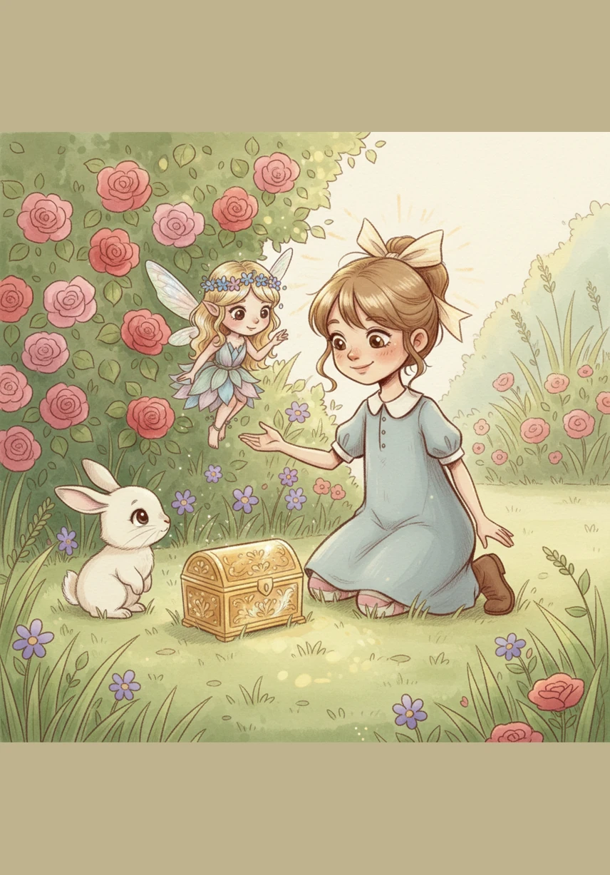 Маленькая Лили гуляла по своему пышному саду, когда между яркими лепестками цветов заметила странный золотистый блеск. Она присела на мягкую траву и увидела крошечную, изящно украшенную шкатулку, спрятанную в тени куста роз.