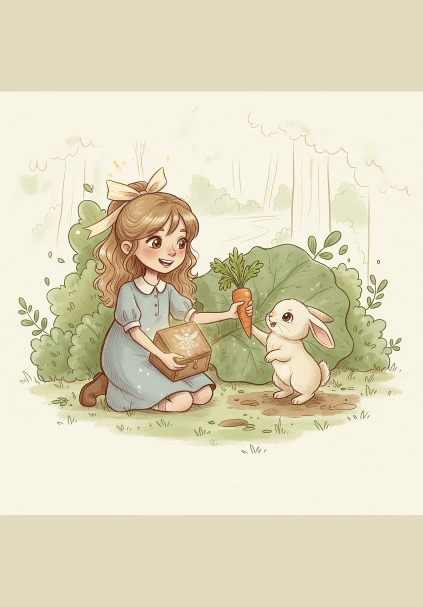 Лили с радостью помогла пушистому другу и быстро нашла пропажу под большим листом лопуха. Как только она вернула морковку зайчонку, шкатулка в её руках мягко засияла теплым светом, показывая первое таинственное изображение.