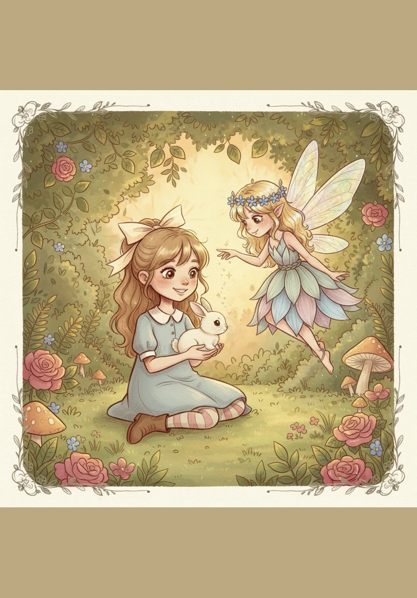 Путь привел Лили в самую гущу сада, где солнечные лучи пробивались сквозь густую листву, создавая сказочные узоры на земле. Там, на шляпке большого гриба, она увидела крошечную фею с прозрачными крыльями, которая приветливо улыбалась ей.