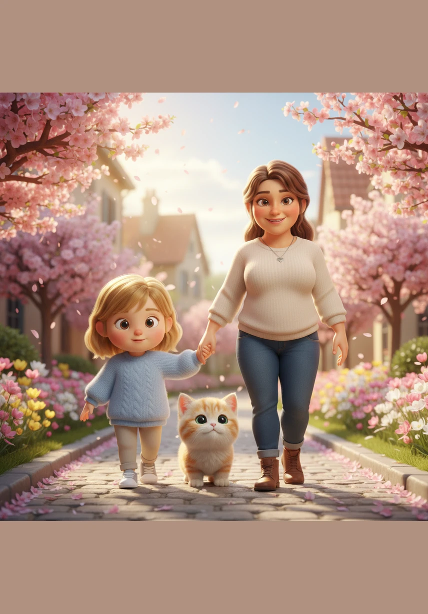 Little Lala and her mother walk hand in hand down a sun-drenched street lined with blooming flowers. The air is warm and filled with the sweet scent of spring as they enjoy their afternoon stroll.
