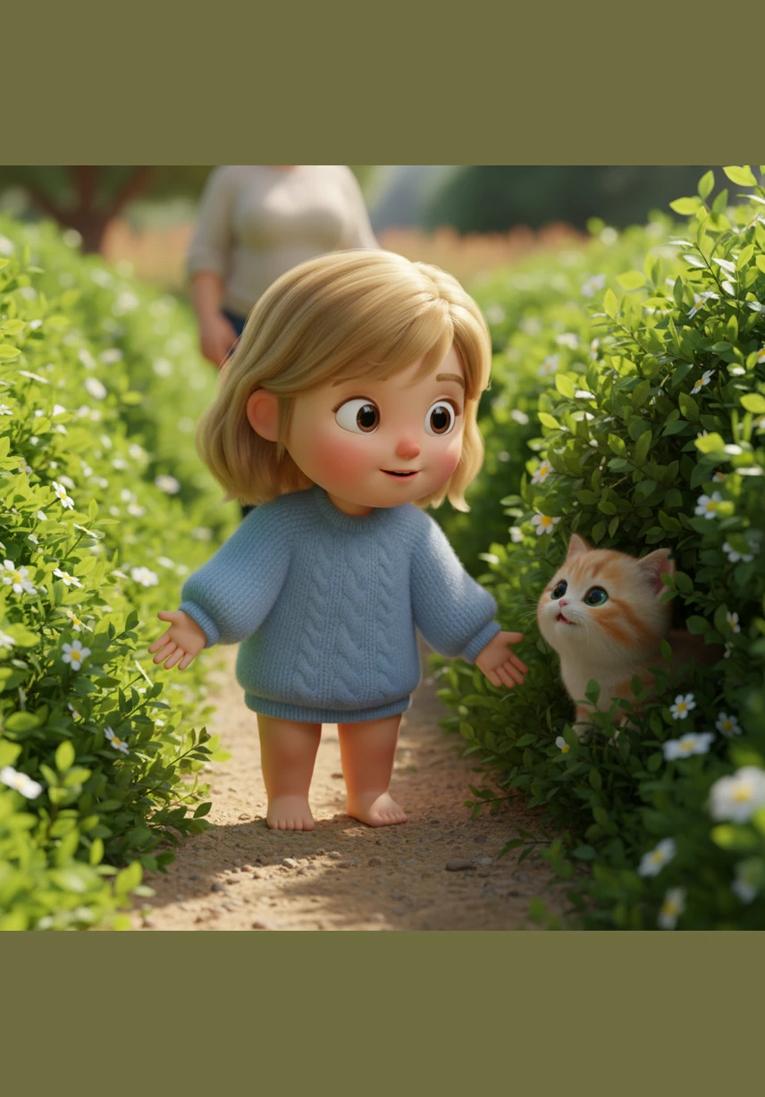 Suddenly, a tiny sound catches Lala's attention near a cluster of bright green bushes. She stops and tilts her head, hearing a soft, rhythmic meowing coming from the shadows.