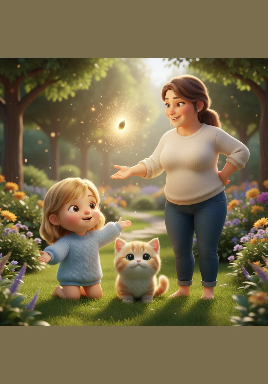 Peering behind the leaves, they find a small cardboard box tucked away in the grass. Inside, a tiny kitten with big, curious eyes and incredibly soft, fluffy fur looks up at them with a hopeful expression.