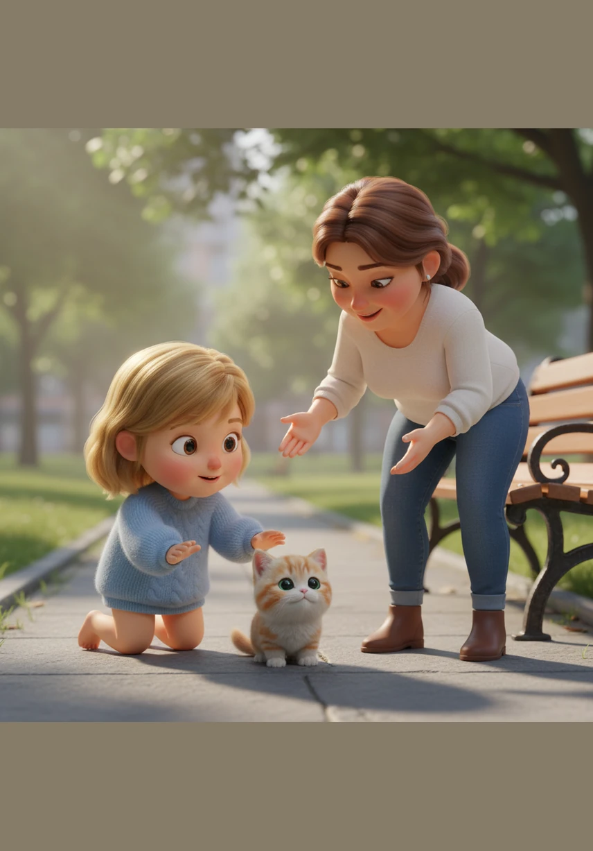 Lala kneels down on the pavement, her eyes wide with wonder and delight at the adorable sight. Her mother stands beside her, a gentle and encouraging smile gracing her face as they observe the little creature.