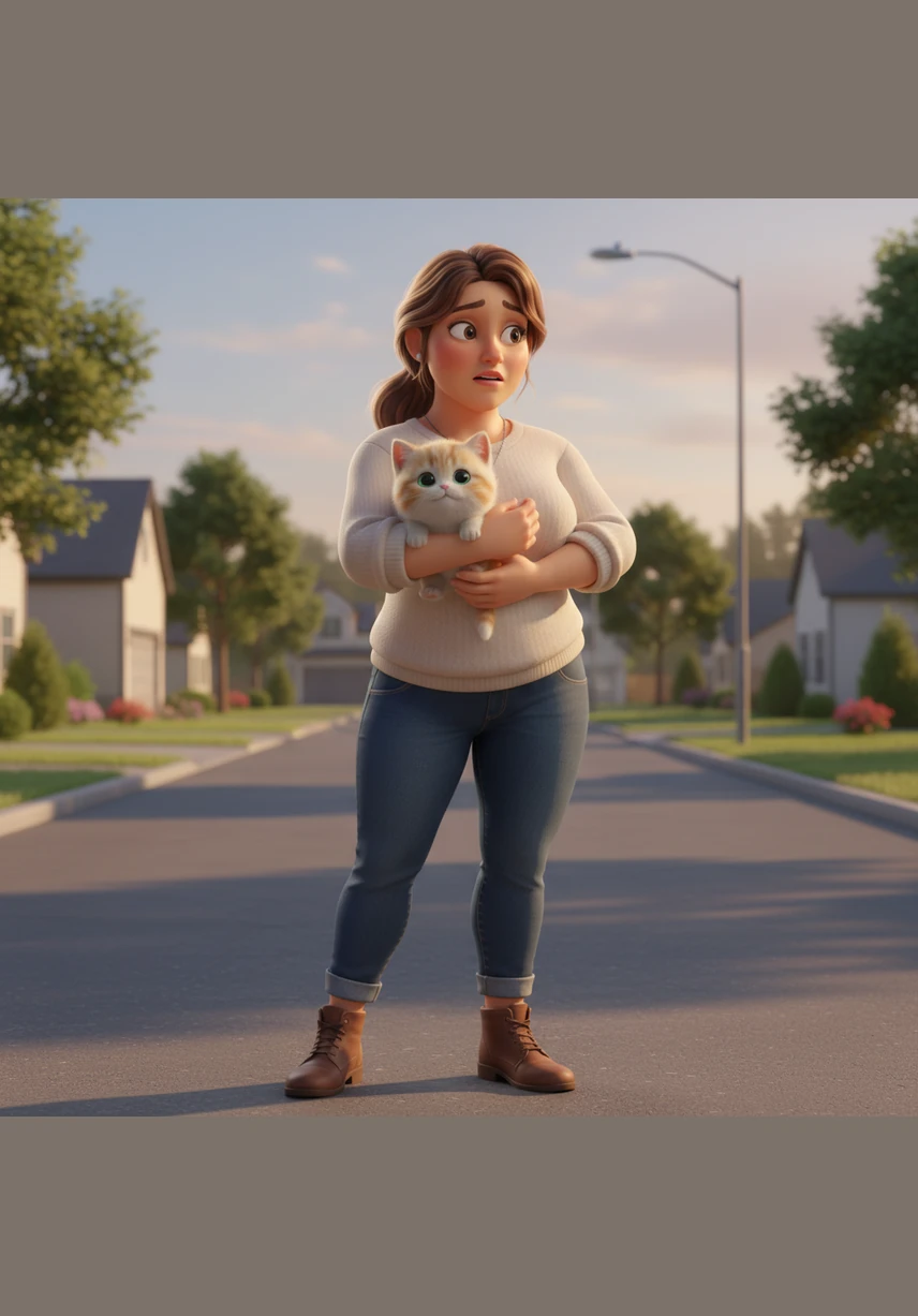 Mother looks around to see if anyone is nearby looking for the kitten, but the street remains quiet and still. She realizes the little animal is all alone and needs a safe place to call home.