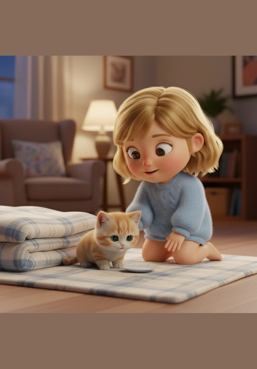 Once inside their cozy house, Lala prepares a soft bed made of warm blankets and a small saucer of fresh milk. The kitten laps up the milk happily while Lala watches with pure joy and a sense of responsibility.