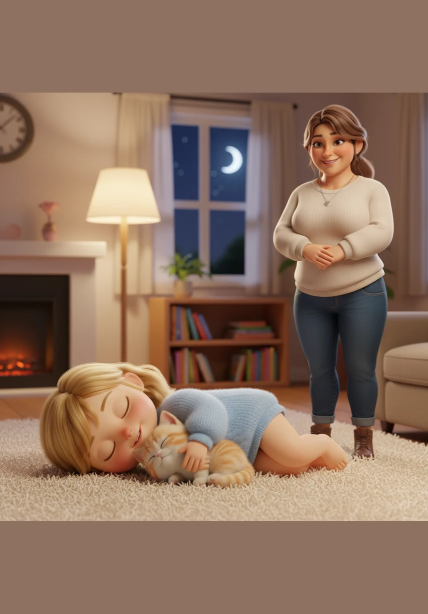 As night falls, Lala and the kitten curl up together on a soft rug in the middle of the living room. The little girl whispers a sweet goodnight to her new best friend, marking the beginning of a wonderful lifelong friendship.