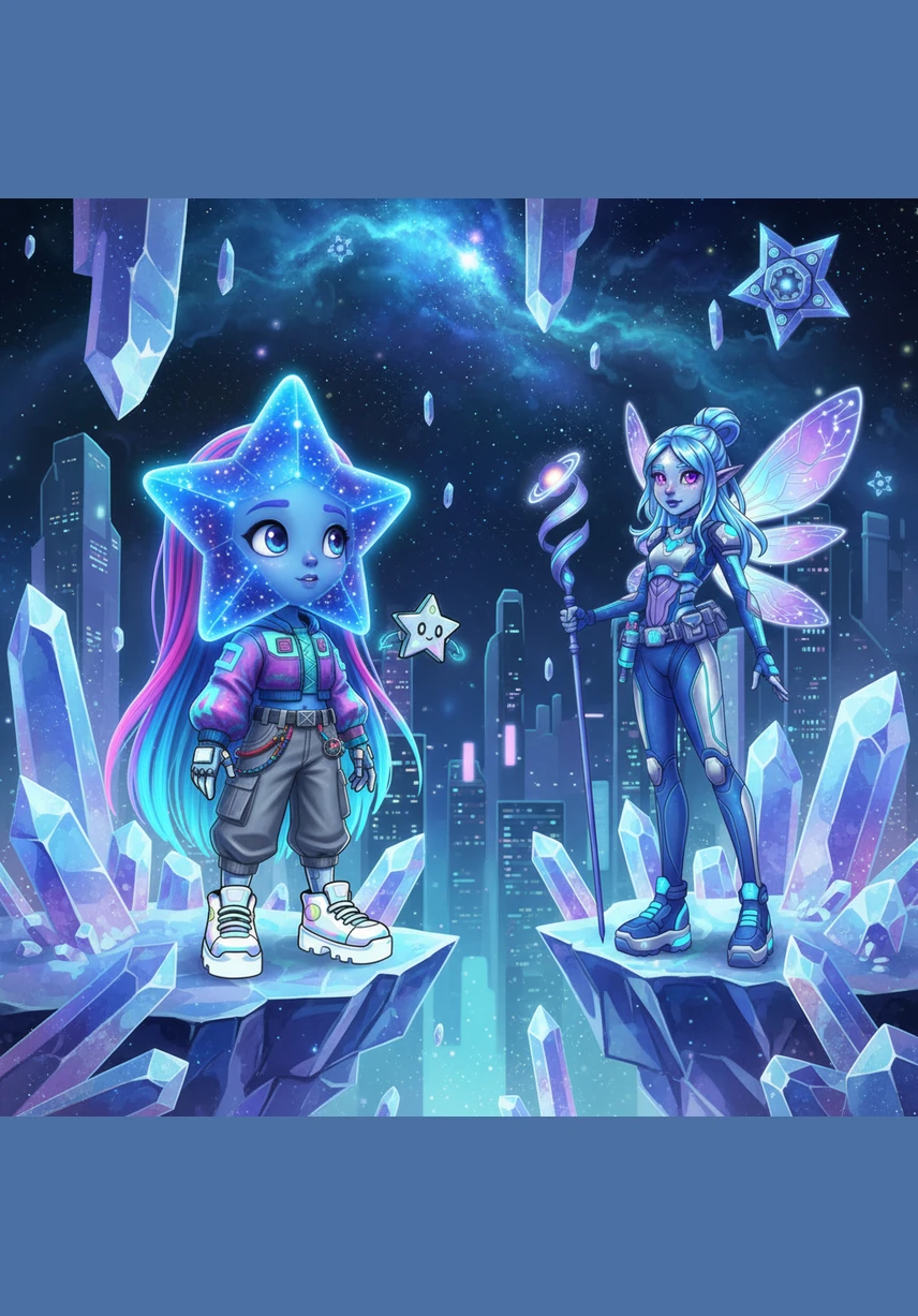 In the heart of a shimmering Crystal Nebula, Twinkle meets a beautiful star fairy named Glimmer who has wings made of pure, sparkling light. Glimmer offers to be Twinkle’s guide, promising to show her the most magical and colorful places hidden within the galaxy.