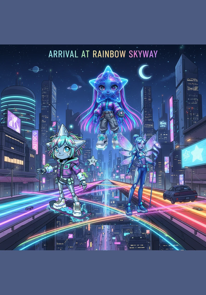 The duo arrives at the breathtaking Rainbow Planet, where the rivers flow with liquid light and the trees bloom with glowing, multicolored flowers. The air is filled with a soft melody, and every corner of the world sparkles with vibrant, shifting hues.