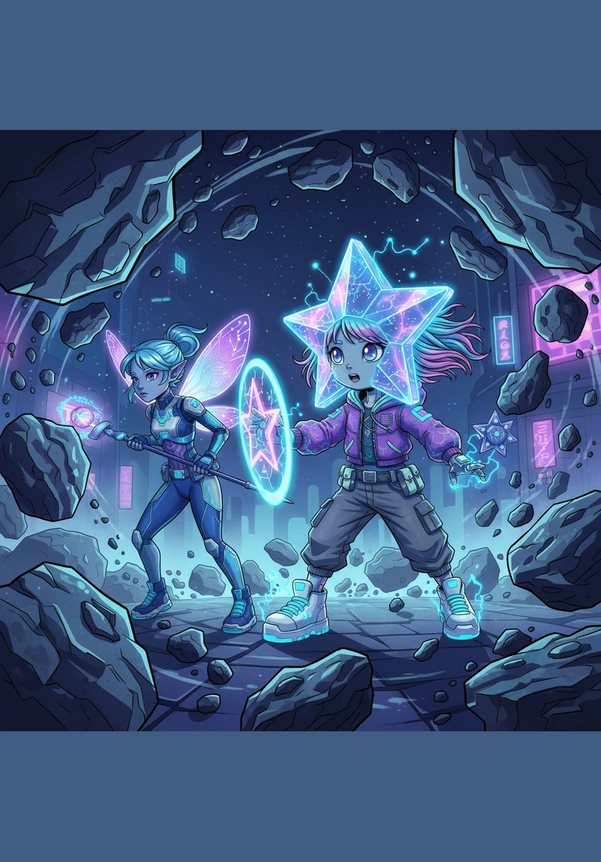 The adventure turns perilous as Twinkle and Glimmer enter a dense asteroid belt filled with giant, tumbling rocks spinning in the darkness. They must weave through the shadows and dodge the speeding stones that whistle past them in the cold silence of space.