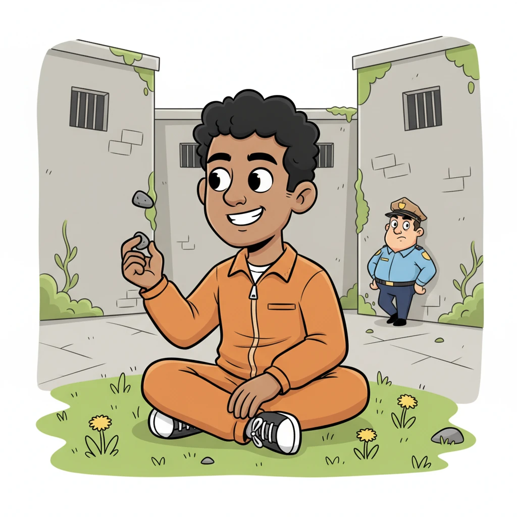 Jax, with a perpetual smirk, sat in the prison yard, tossing a pebble. He'd been here five months, and though the walls were gray, his wit was anything but. He found humor in the mundane, a sharp contrast to the dull routine of prison life.