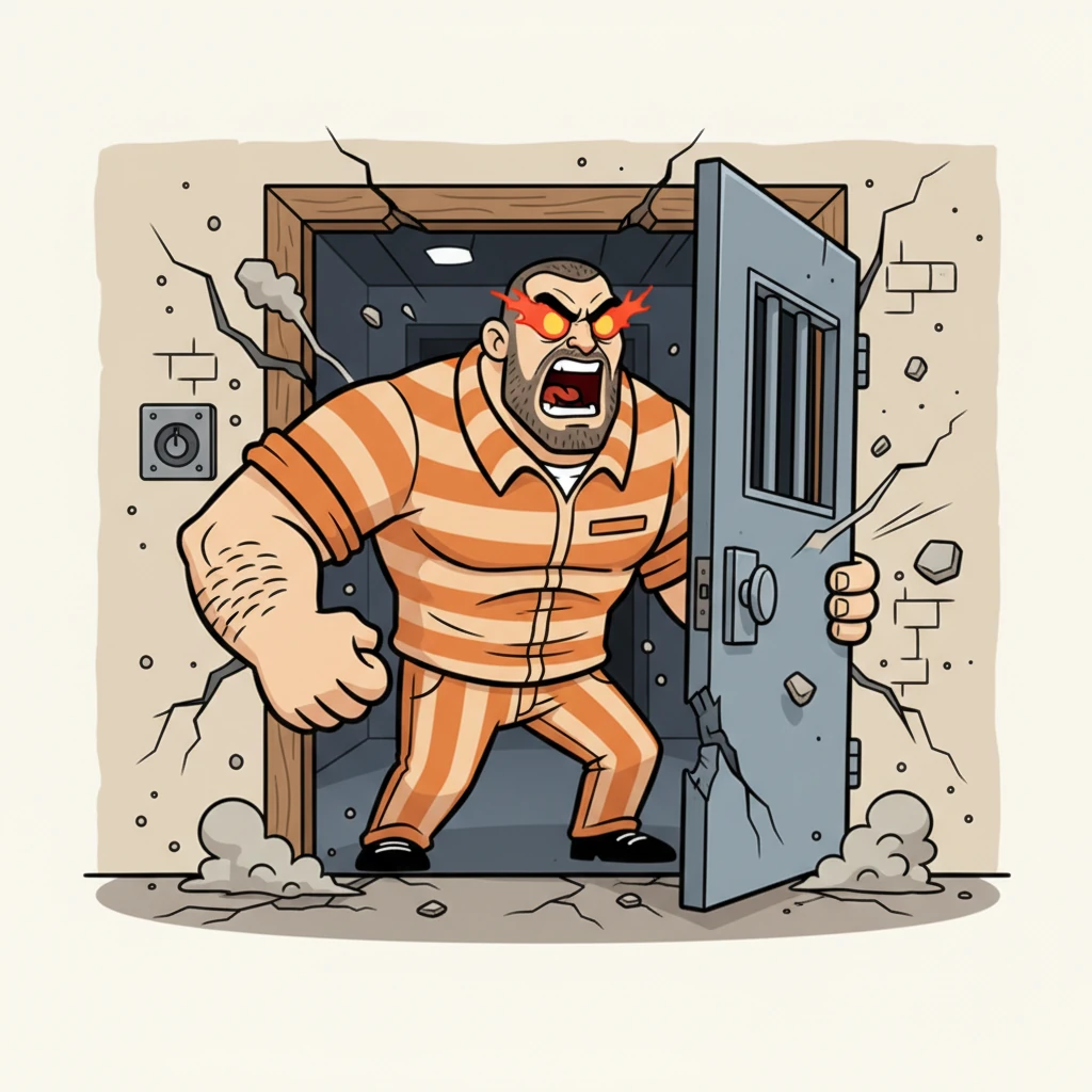 Suddenly, a tremor shook the entire prison. A colossal figure, over seven feet tall and built like a brick wall, burst through a reinforced door with an earth-shattering roar. His eyes blazed with wild fury, signaling the end of any peace within the walls.
