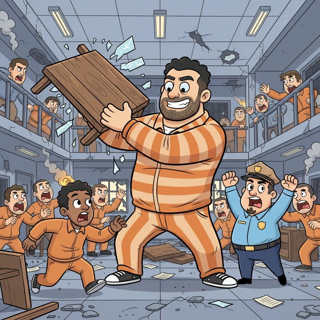 Panic erupted as inmates screamed, guards shouted, and the prison transformed into a maelstrom of chaos. The giant wreaked havoc, throwing furniture and shattering windows, igniting a full-blown riot that swept through the cell blocks like wildfire, engulfing everyone in its path.
