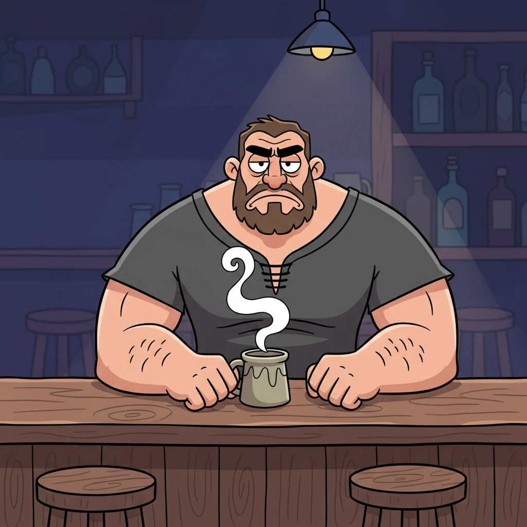 Logan sat at his usual corner of the dimly lit bar, a permanent scowl etched on his rugged face. His large, muscular arms rested on the worn counter, steam rising from his forgotten mug. He radiated an aura of 'do not disturb,' content in his grumpy solitude.