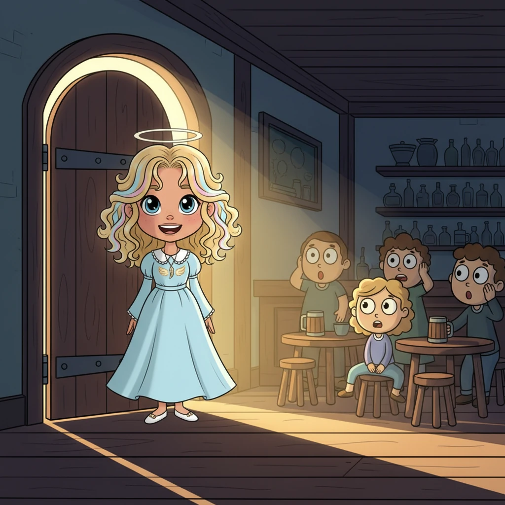 Suddenly, the heavy bar door swung open, bathing the room in a burst of golden sunlight. Standing in the doorway was Rebekah, a vision in soft, flowing clothes, her smile bright and genuine. Other patrons, usually focused on their drinks, turned their heads, eyes wide with surprise and admiration at her radiant presence.