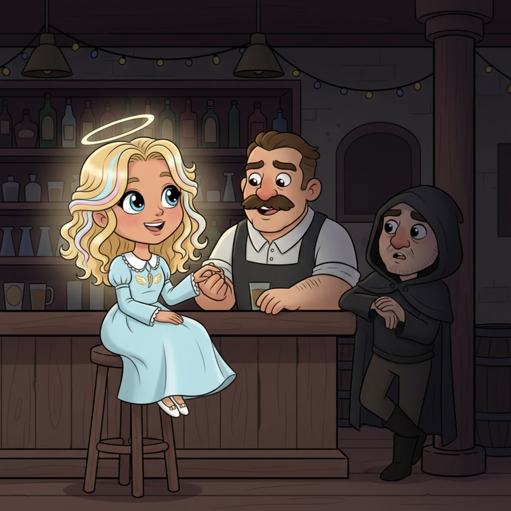 He saw her clearly now, laughing softly with the bartender, her face radiating warmth and kindness. Her hair seemed to shimmer, and Logan's usual scowl softened just a fraction, a thought forming in his gruff mind: 'Angel.' He had never seen such pure brightness in this gloomy place.