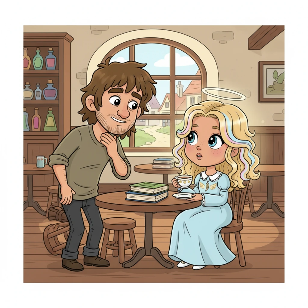 With a gruff sigh that was more habit than genuine annoyance, Logan slid off his stool and slowly approached Rebekah's table. He cleared his throat, trying to sound casual, and awkwardly asked if she needed anything from the bar. His voice was deeper than usual, but his eyes held a flicker of genuine curiosity.