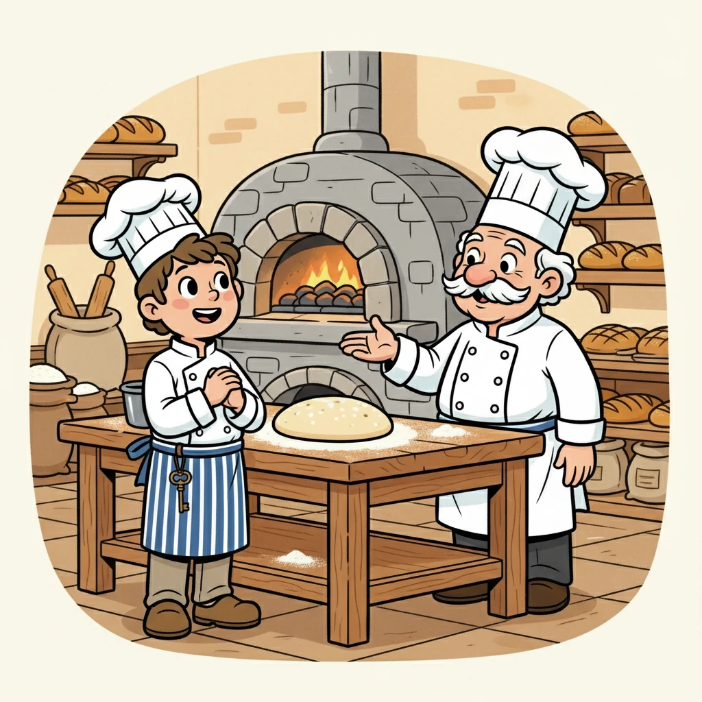 Gaspard voulait apprendre le secret de ce pain merveilleux. Le boulanger accepta de lui montrer, mais lui demanda de garder le secret. Gaspard promit, les yeux remplis d'enthousiasme, et commença son apprentissage.
