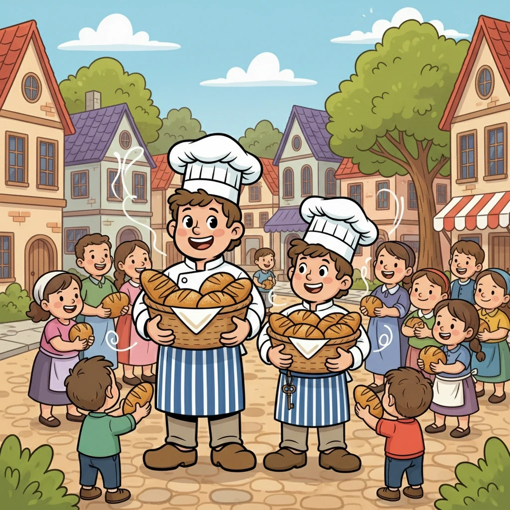 Le boulanger, fier de son apprenti, accepta. Ensemble, ils préparèrent une grande quantité de pain, et le distribuèrent aux habitants du village. Le parfum du pain chaud embauma l'air, et un sourire revint sur les visages.