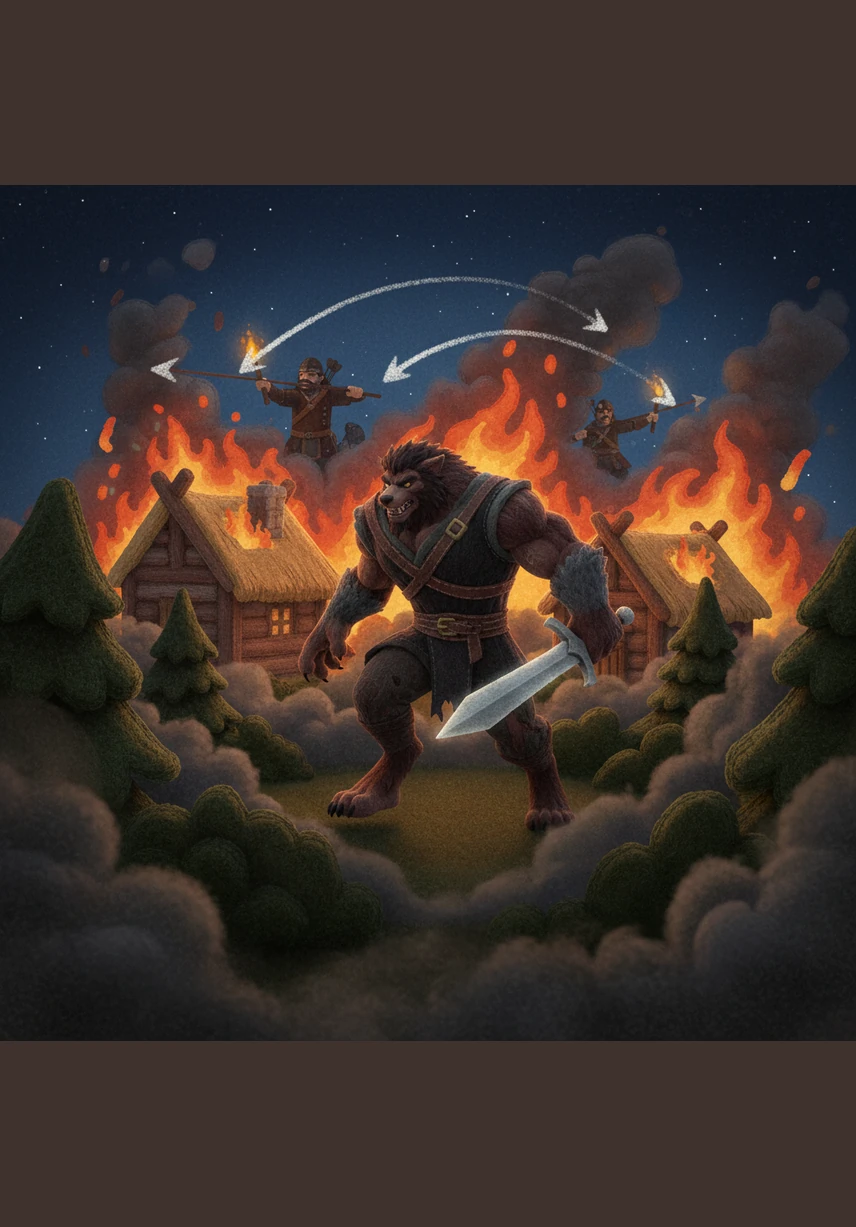 The peace of the summer solstice was shattered when hunters attacked the village with silver arrows and roaring fire. In the chaos, Artem grabbed a blade and managed to escape the ring of flames, fleeing into the dark, suffocating smoke of the forest as his home burned behind him.