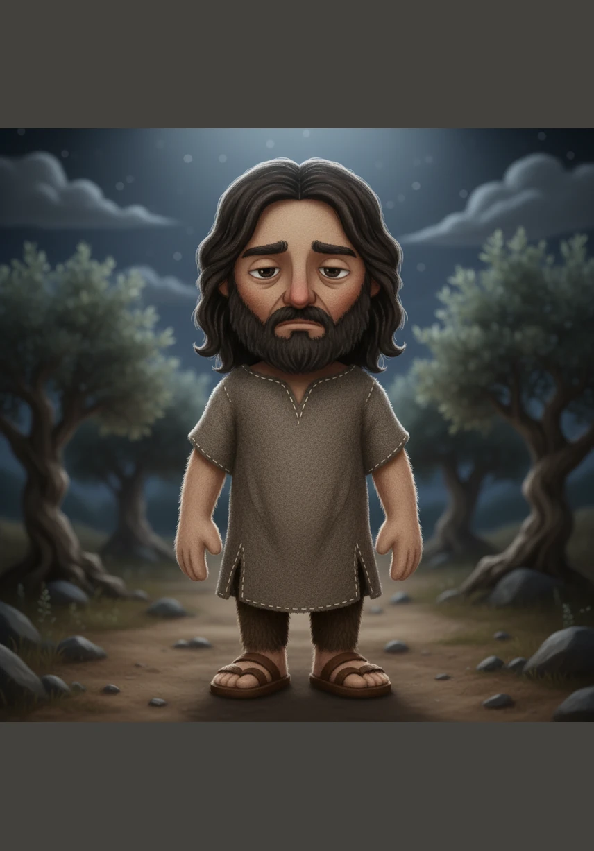 A face in semi-profile emerges from deep shadows under a cinematic and reverent light, while a soft cross is faintly visible in the background. The atmosphere is solemn and heavy, capturing the gaze of a man about to carry a story that transcends time and fame.