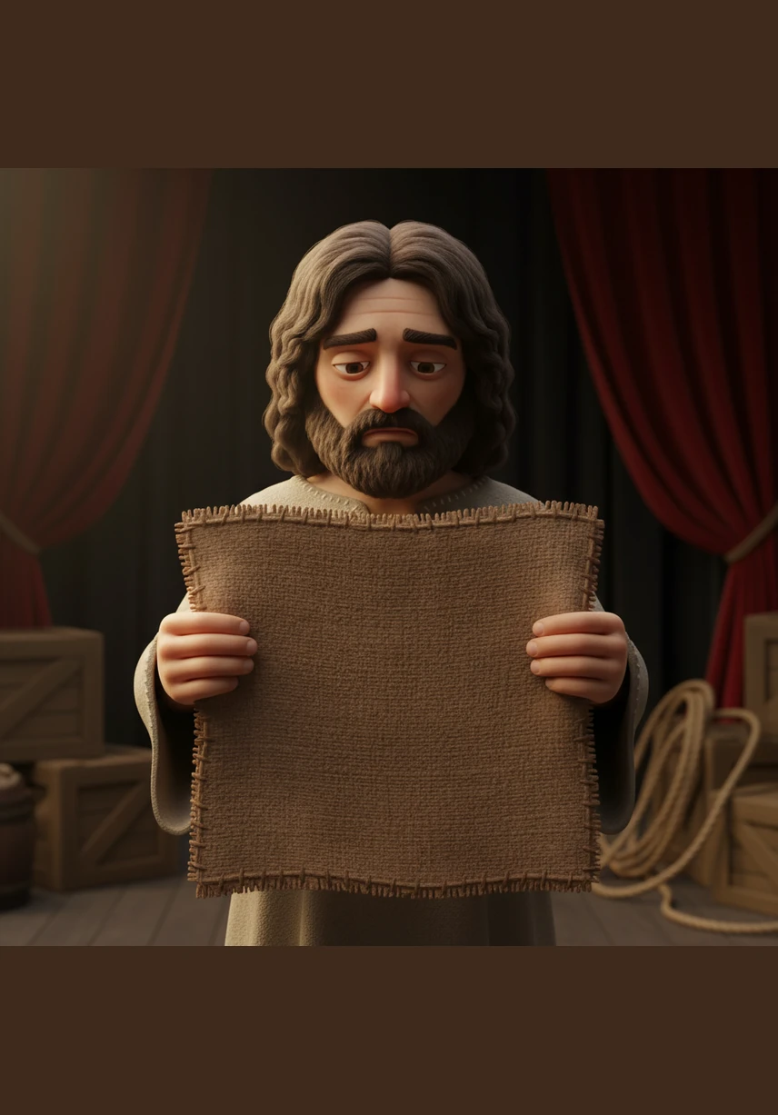 In the soft glow of the backstage, tense hands grip a piece of rough, ancient-looking fabric. The responsibility of representing the sacred without turning it into a hollow spectacle becomes a visible pressure that the camera barely captures.