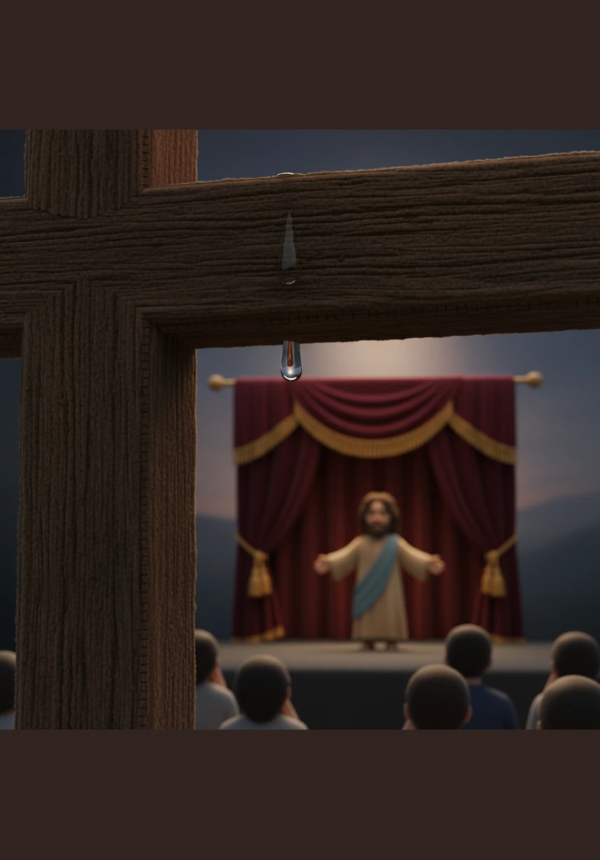 A single tear glistens against the texture of rough wood under a dark, hopeful sky as the final curtain falls. The ancient story has once again touched the modern wounds of fear and love, leaving the viewer changed by the purpose found in suffering.