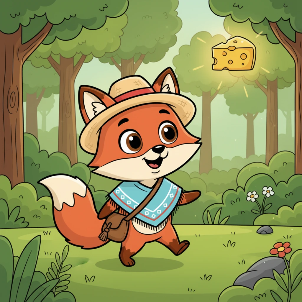 Félix, un zorro astuto y juguetón, caminaba por el frondoso bosque, sus ojos brillantes buscando algo delicioso. De repente, vio a lo lejos un trozo de queso dorado y apetitoso, brillando bajo el sol entre la hierba. Su cola se movió con emoción, y una sonrisa traviesa apareció en su hocico.