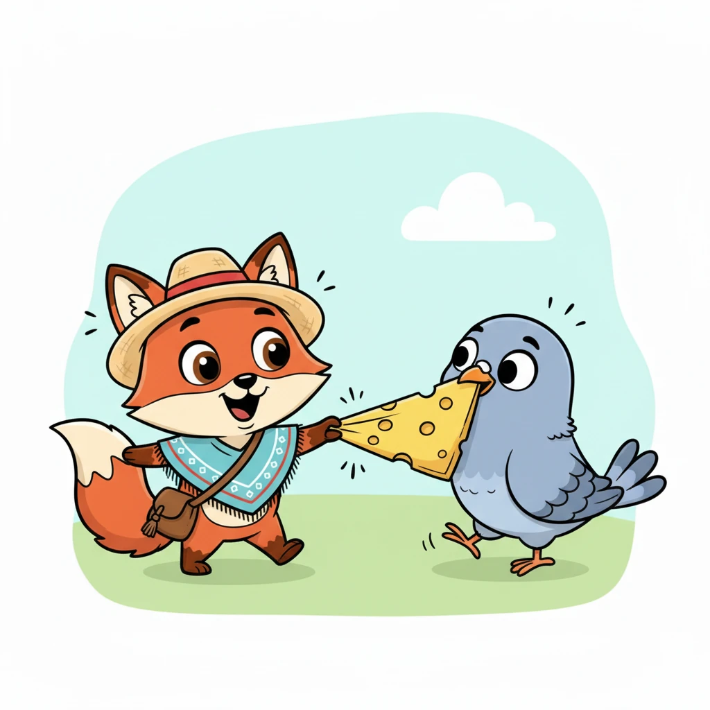 En un instante de pura coincidencia, Félix y Pío extendieron sus patas y picos al mismo tiempo. Sus ojos se encontraron, sorprendidos, cada uno sujetando un extremo del mismo trozo de queso. Una risa nerviosa escapó de ambos, dándose cuenta de su divertida situación.