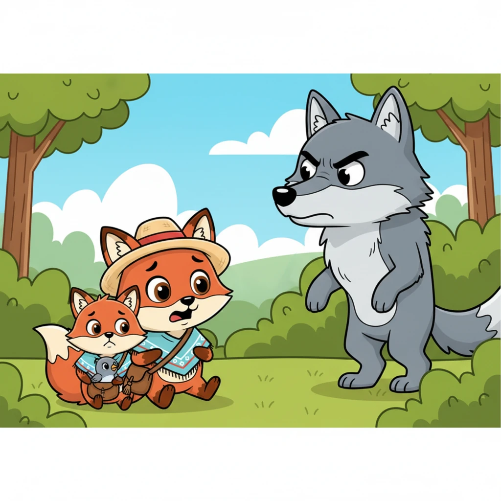 De repente, un gran Lobo salió de los arbustos, con una expresión seria que los asustó un poco. Félix y Pío se acurrucaron, con los ojos bien abiertos. El Lobo, al ver su miedo, detuvo su paso.