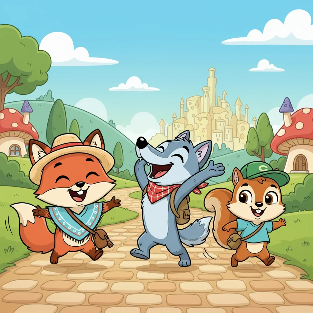 Con Lobo uniéndose a su equipo, el viaje se volvió aún más divertido. Los tres amigos caminaron, rieron y compartieron historias, forjando una amistad inquebrantable. El camino a la Ciudad del Queso parecía cada vez más corto con la compañía de buenos amigos.