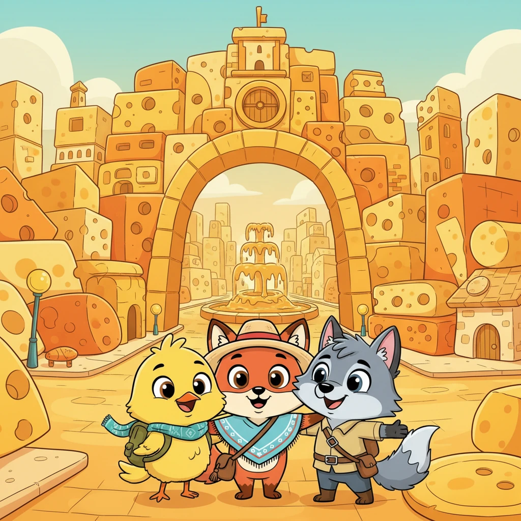 Finalmente, después de un largo viaje, Félix, Pío y Lobo llegaron a su destino. Ante ellos se extendía la magnífica Ciudad del Queso, con edificios hechos de cheddar, calles de suizo y fuentes de fondue. Los tres amigos se abrazaron, sus corazones rebosantes de alegría y amistad, sabiendo que este era solo el comienzo de muchas más aventuras juntos.