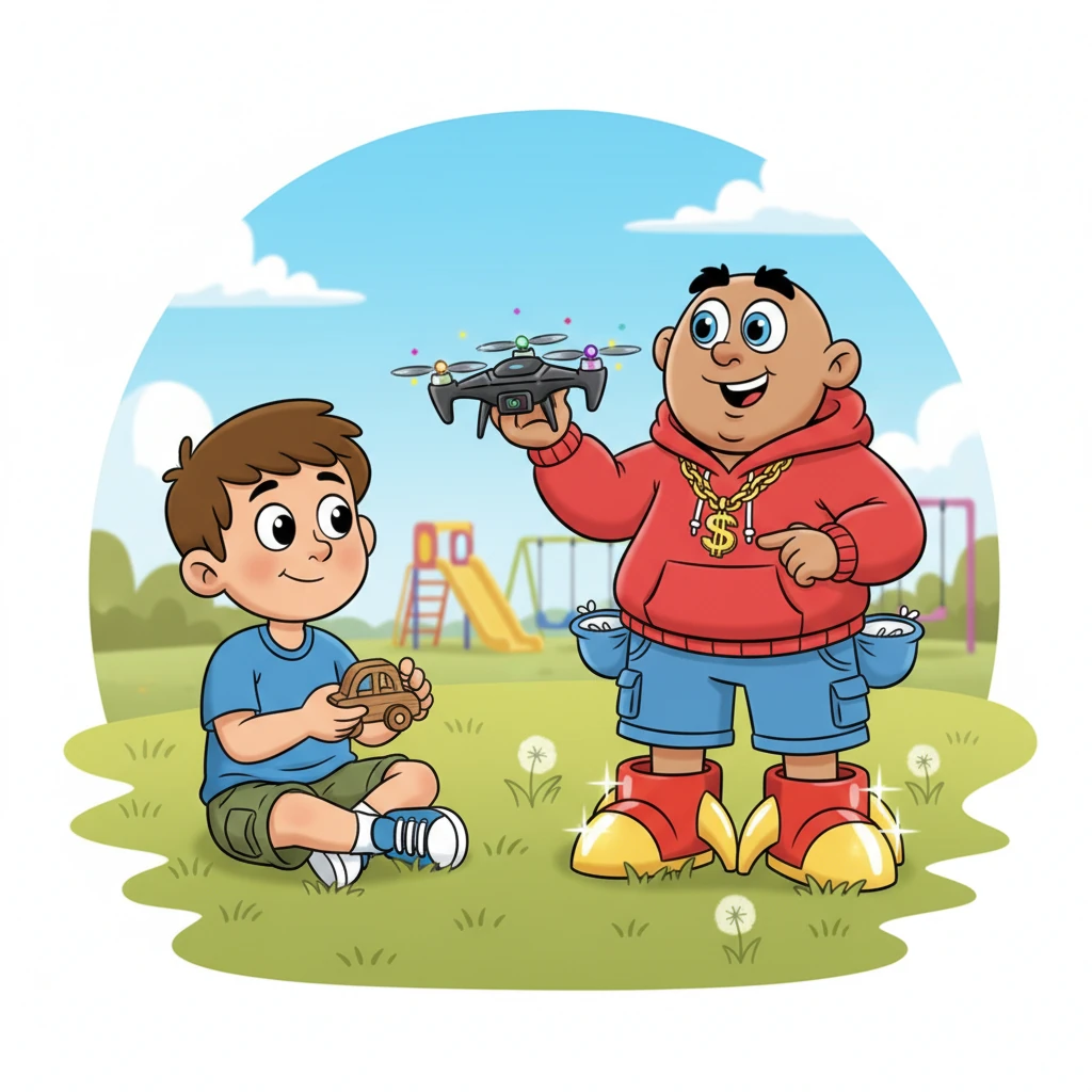 Leo had a friend named Max, who always seemed to have the fanciest toys and the brightest new shoes. Max loved to show off his latest treasures, sparkling with an air of endless possibility and fun.
