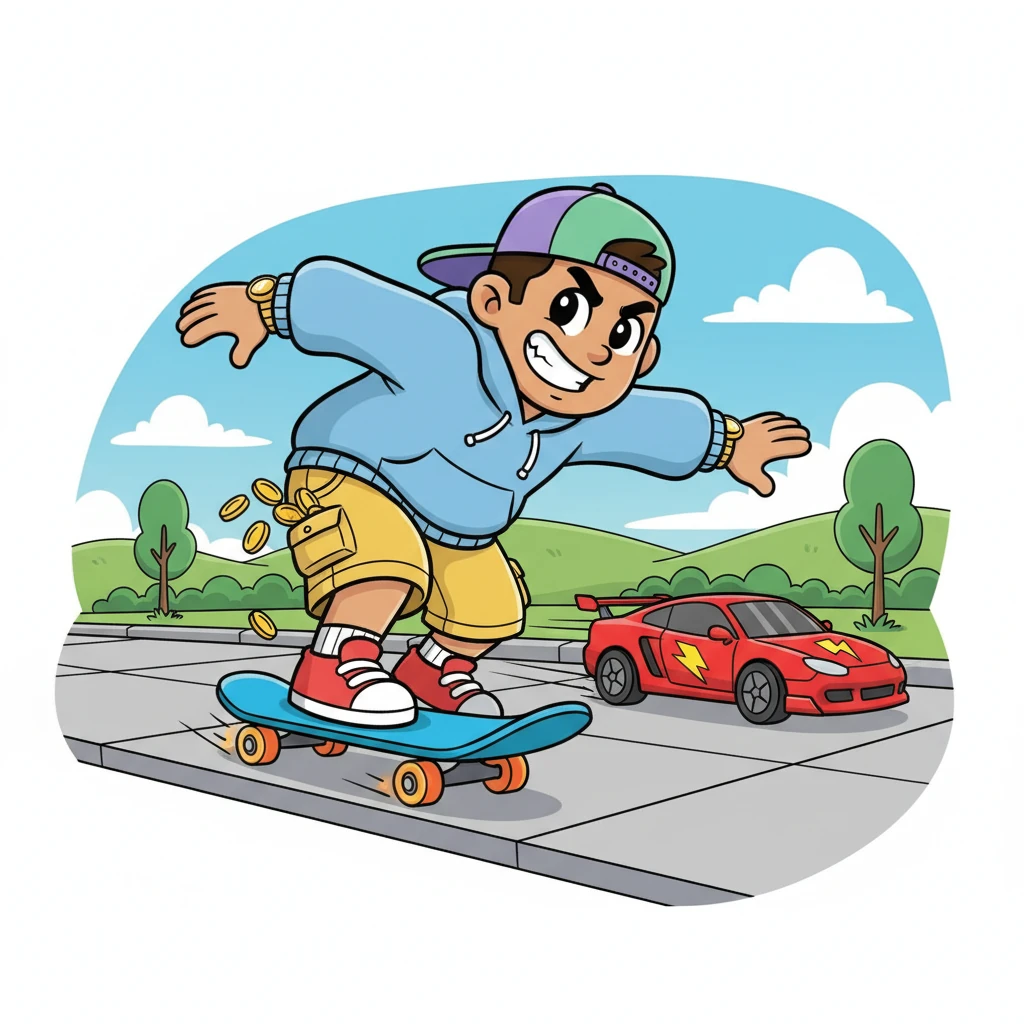 Max often appeared with brand-new gadgets, like a super-speedy remote-control car or a shiny, colorful skateboard. He'd zoom around, making sure everyone saw his cool new things, always looking like he had a secret stash of coins.