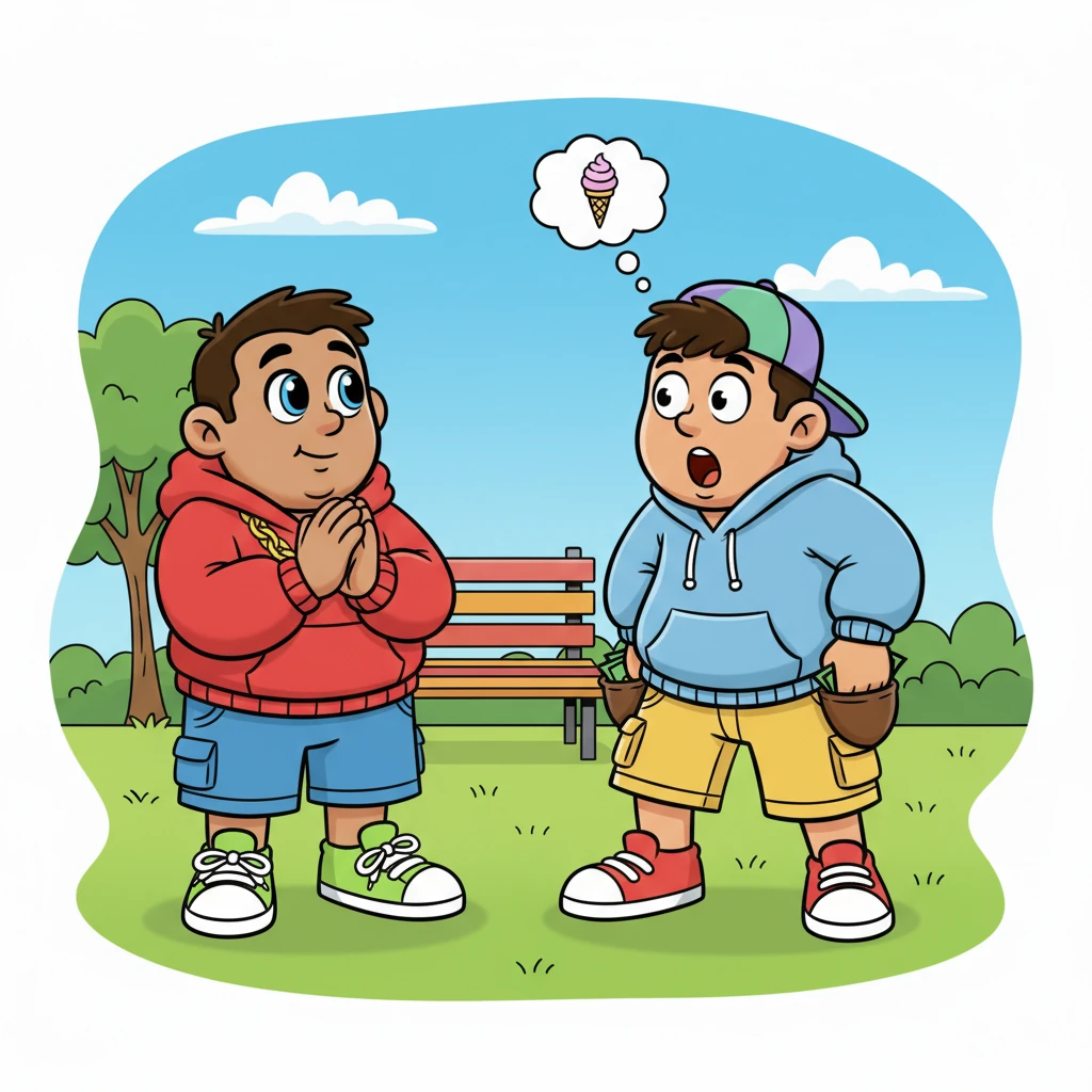 One sunny afternoon, Leo needed a small loan for a yummy ice cream cone. He politely asked Max, who suddenly looked very surprised! Leo just needed a tiny bit to make his day perfect.