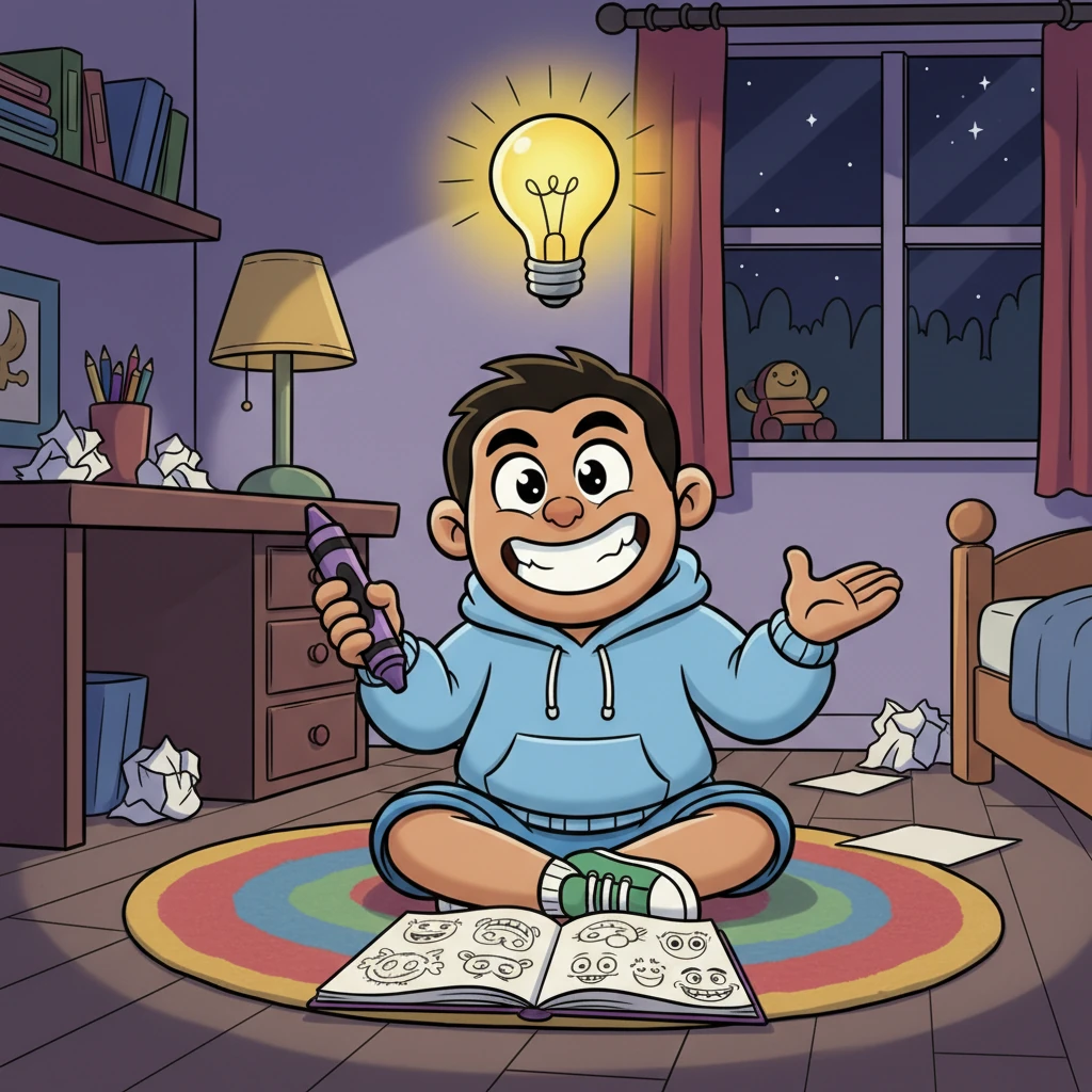 Then, one evening, while drawing silly faces, Leo had a brilliant 'Aha!' moment. A lightbulb popped above his head, and a mischievous grin spread across his face. He decided it was time for a change!