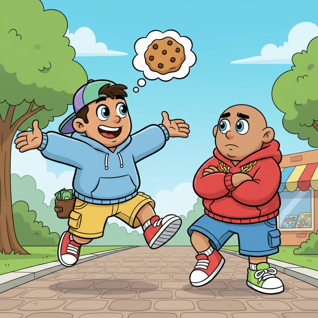 The very next day, Max bounced over to Leo with a big smile, ready to ask for another favor. His eyes sparkled, clearly planning to get something from Leo again, perhaps a new comic book or a giant cookie.