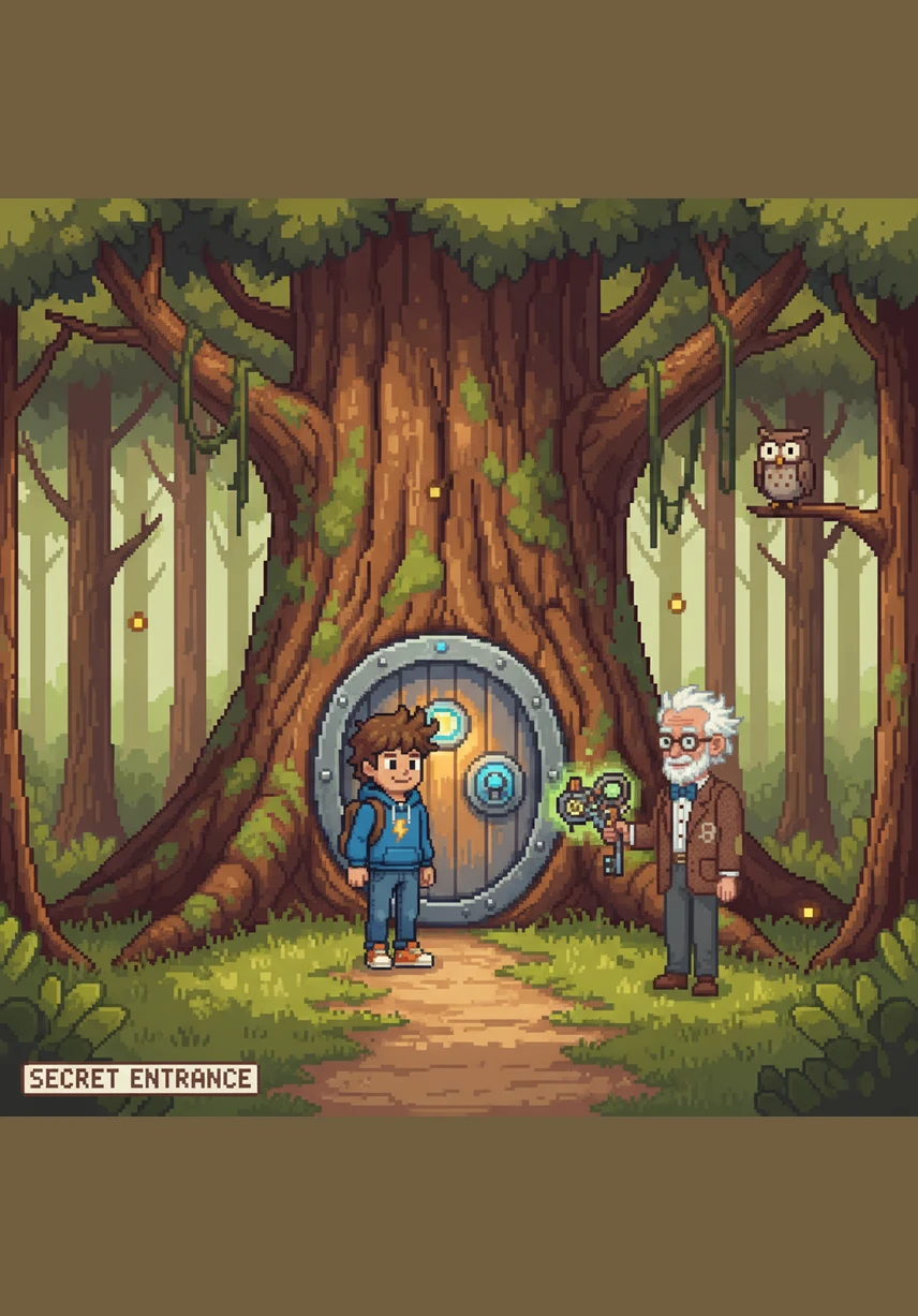 Leo stands in front of a massive, heavy boulder that is blocking the entrance to his secret forest workshop. He pushes and pulls with all his strength, but the stubborn rock refuses to move even a single inch.