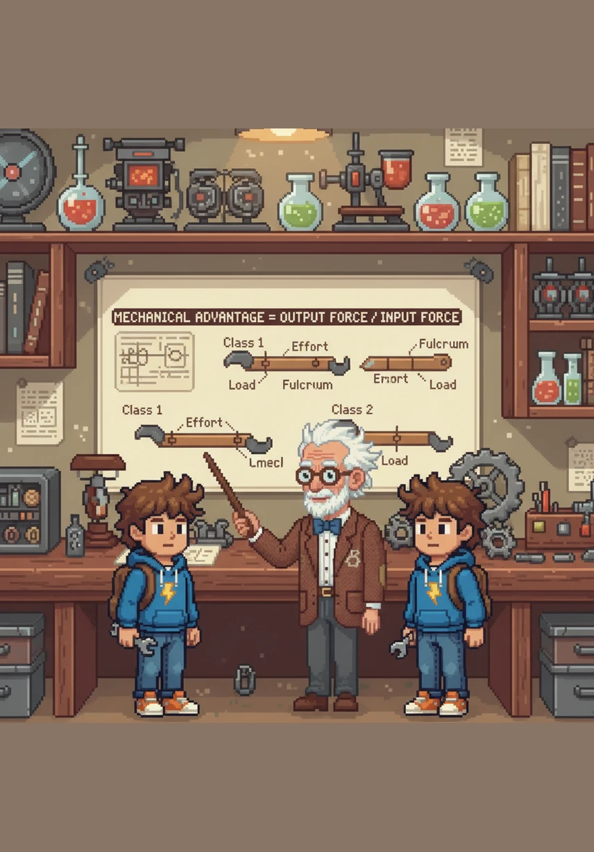 The Professor explains that the goal of every lever is to achieve Mechanical Advantage, which is the ratio of the output force to the input force. By understanding these three classes, Leo can now choose the right tool for any job in his workshop.