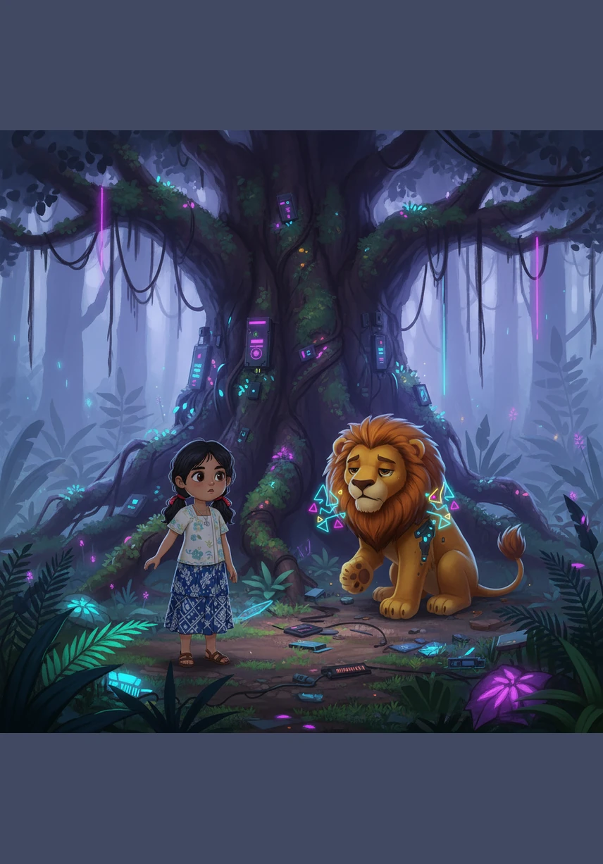 While wandering near the edge of the dense, misty jungle, Melati hears a low, pained whimper coming from behind a large banyan tree. She cautiously steps through the thick ferns and discovers a magnificent lion crouching on the ground, looking tired and hurt.