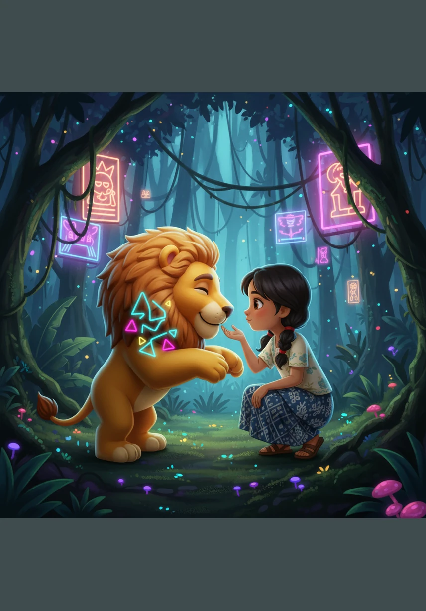 The lion stands up and stretches its golden limbs, testing its paw on the soft jungle floor before nuzzling Melati’s hand in a gesture of deep gratitude. They share a silent, meaningful look of friendship before the great cat vanishes back into the shadows of the trees.