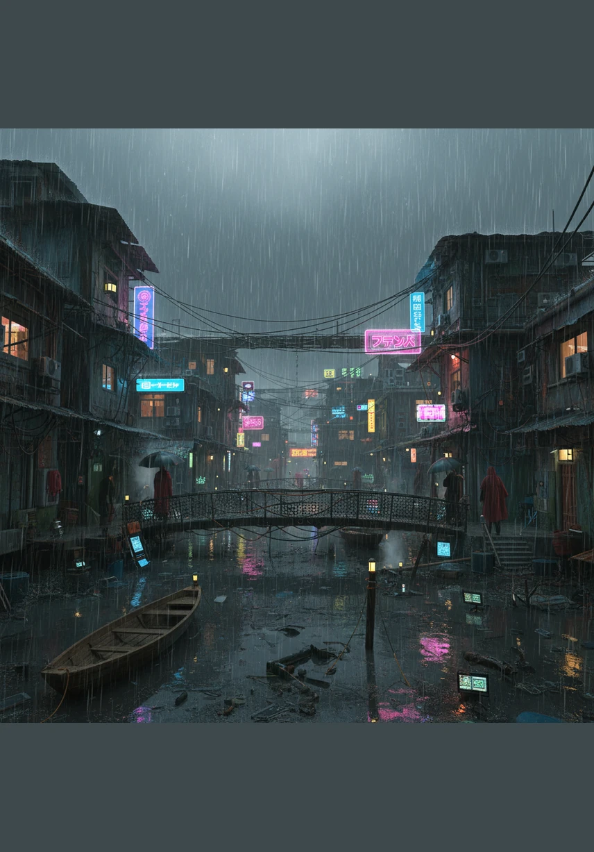 Weeks later, the sky turns a heavy charcoal gray as a powerful monsoon rain begins to drench the village and flood the surrounding fields. Melati and her friends are caught outside near a deep pond as the water levels rise rapidly and the ground becomes slippery mud.