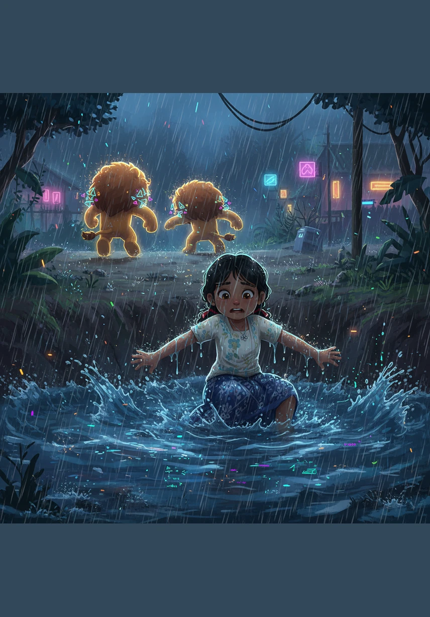 In the chaos of the storm, Melati slips into the churning pond and finds herself trapped by the rising current, unable to climb the muddy banks. Her friends, gripped by sudden panic, run back toward the village to find help, leaving her alone in the cold, splashing rain.